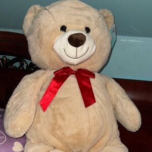 Charming Tan Teddy Bear with Red Bow